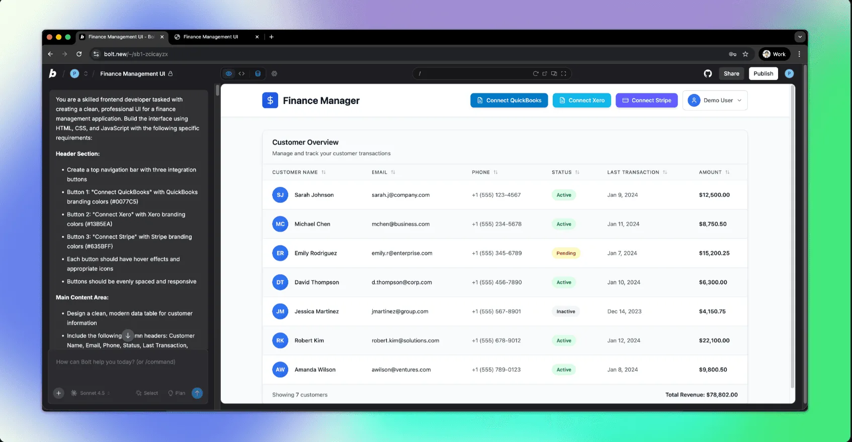 Bolt.new interface showing a prompt for a finance management app and the generated customer data table preview.