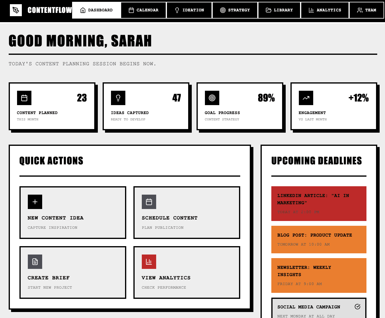 Contentflow dashboard showing content metrics, quick action buttons, and upcoming deadlines.