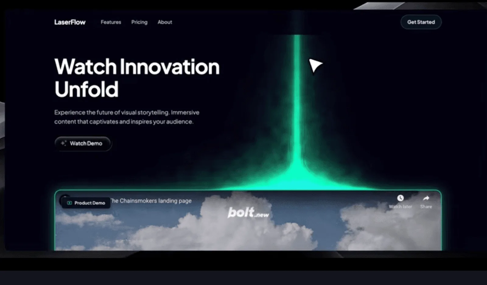 Landing page hero section with a glowing green light effect and an embedded video player for a product demo.