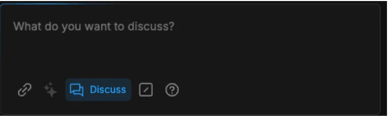Bolt chat input field with Discuss mode selected and prompt text What do you want to discuss?