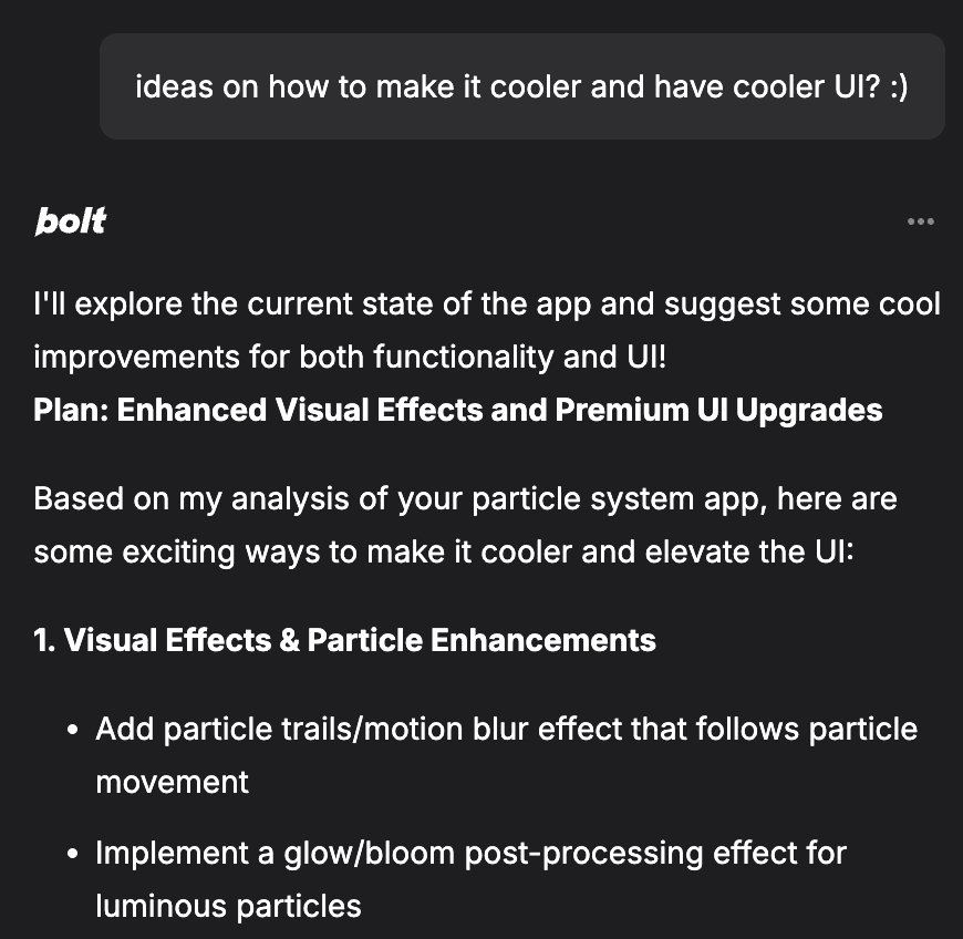 Bolt AI chat interface showing suggestions for particle system visual effects and UI upgrades.