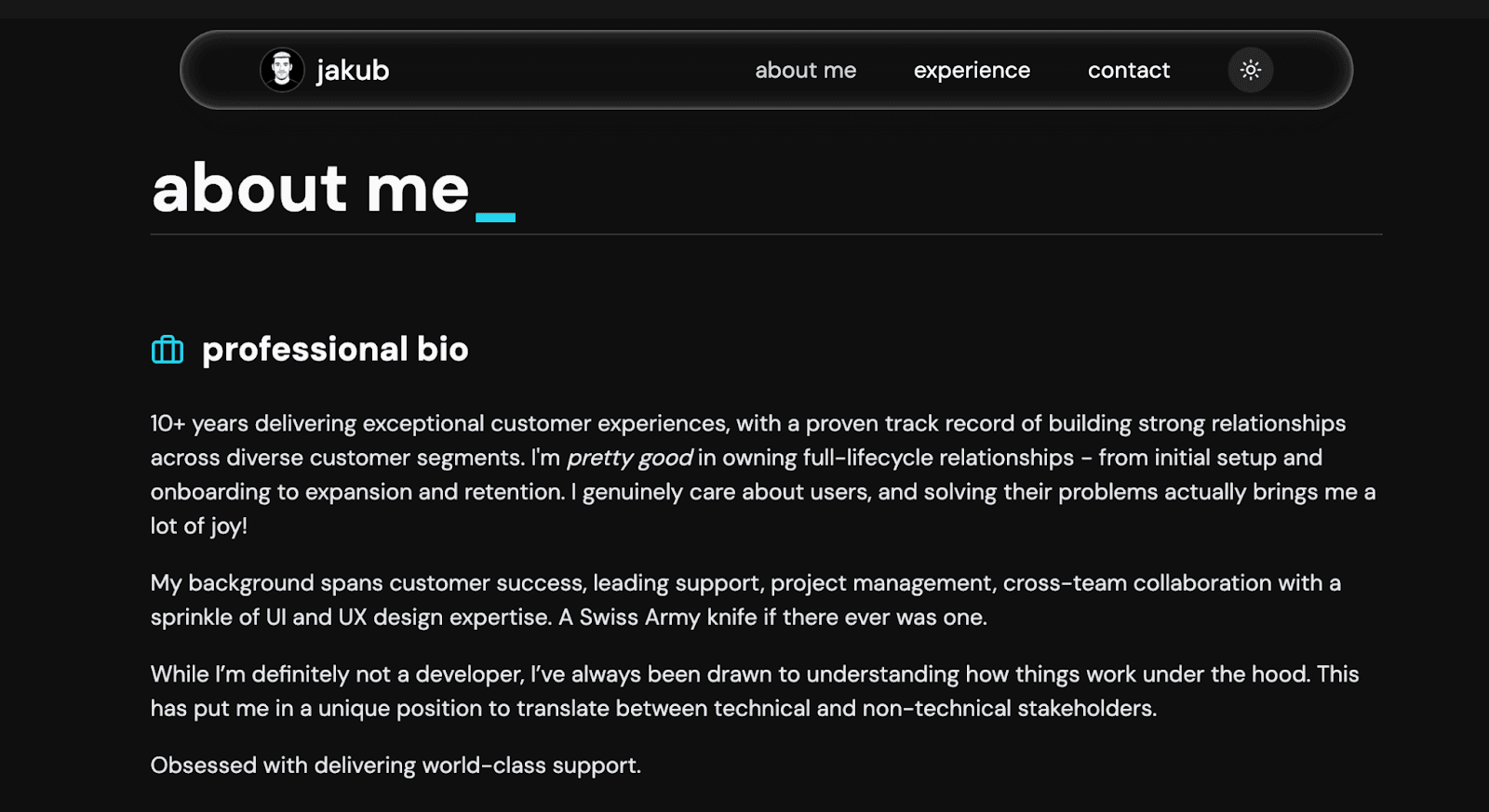 Personal portfolio website section showing a professional bio with a dark theme and navigation bar.