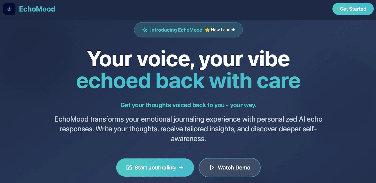 Hero section of the EchoMood website featuring a headline, subheadline, and call to action buttons.