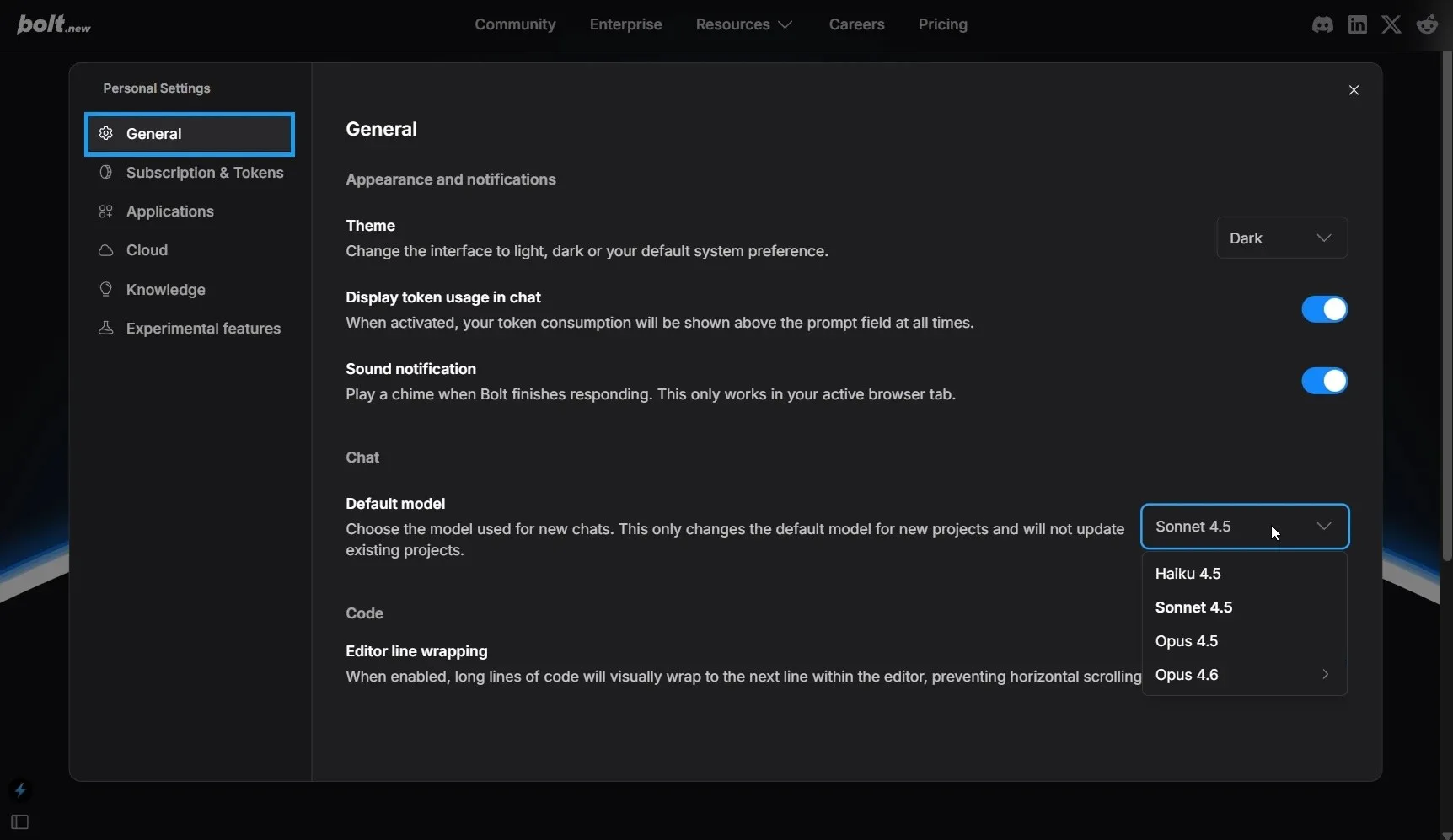 Bolt personal settings menu showing the default AI model selection dropdown with options like Sonnet and Opus.