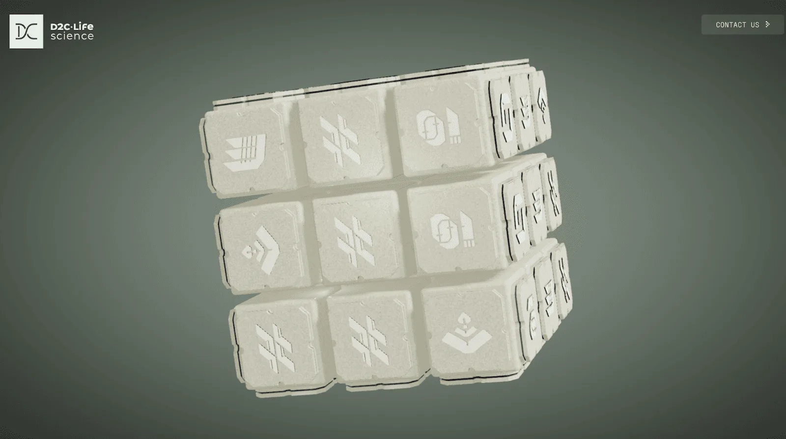 3D rotating cube with branded icons on a D2C Life Science website interface.
