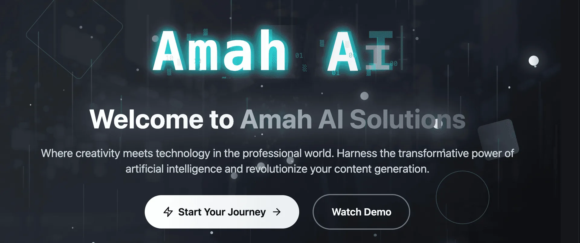 Hero section for Amah AI Solutions featuring a headline, subtext, and call to action buttons.