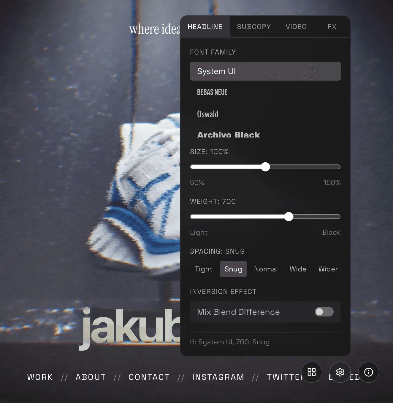 Bolt.new UI showing the typography customization panel for headline settings including font, size, and weight.