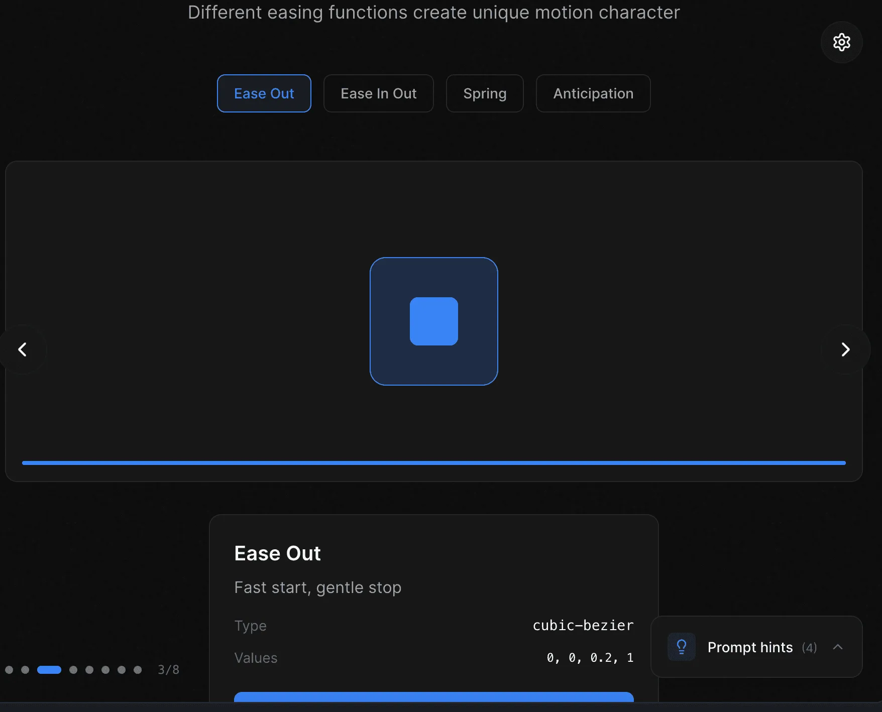 UI showing motion easing function selection with Ease Out settings, cubic-bezier values, and preview area.