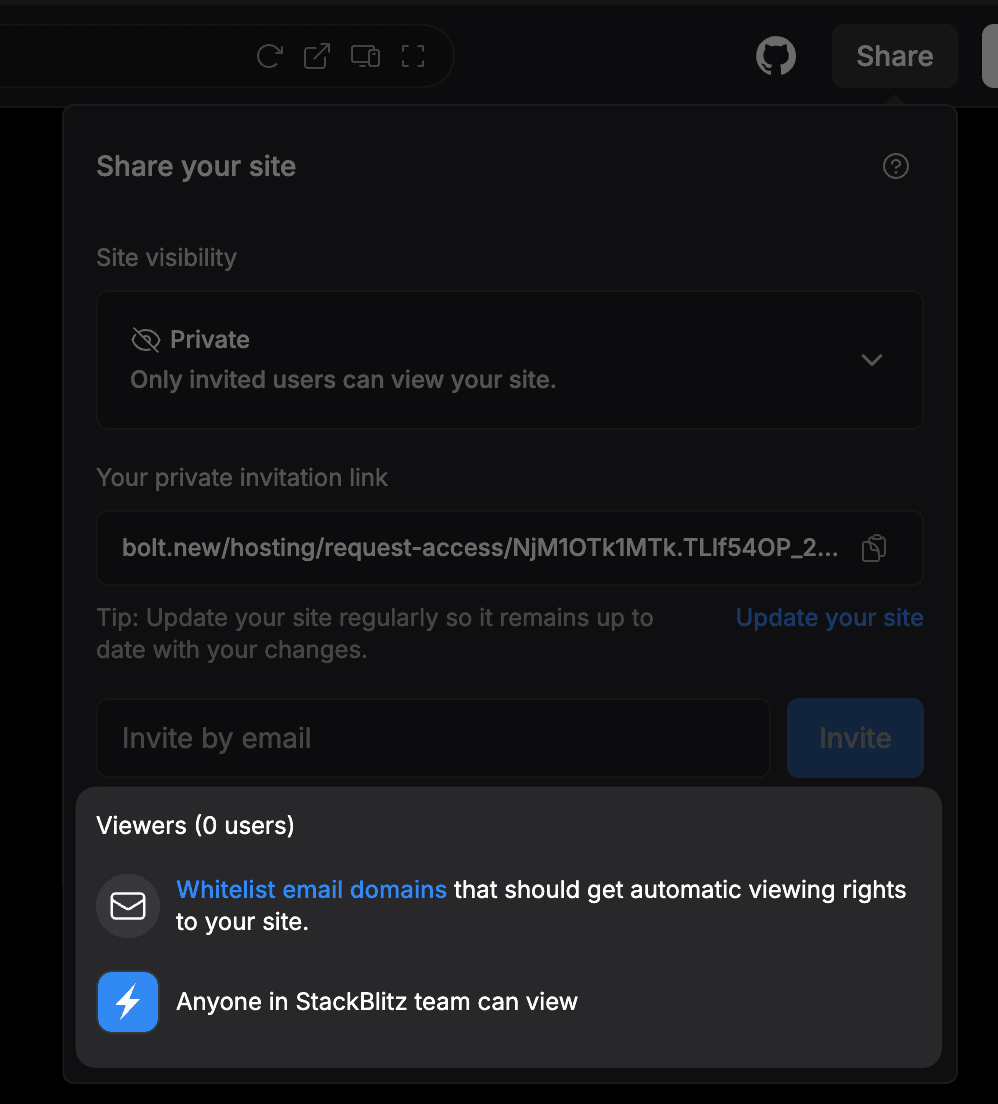 Bolt.new share site modal showing visibility settings, invitation link, and email access controls.