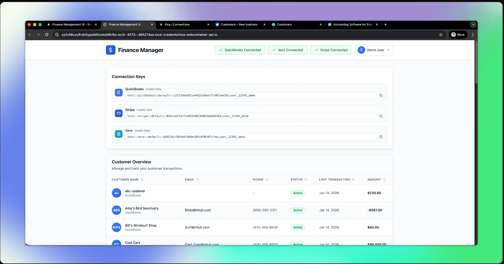 Finance Manager web app showing connection keys for QuickBooks, Stripe, and Xero, plus a customer transaction table.