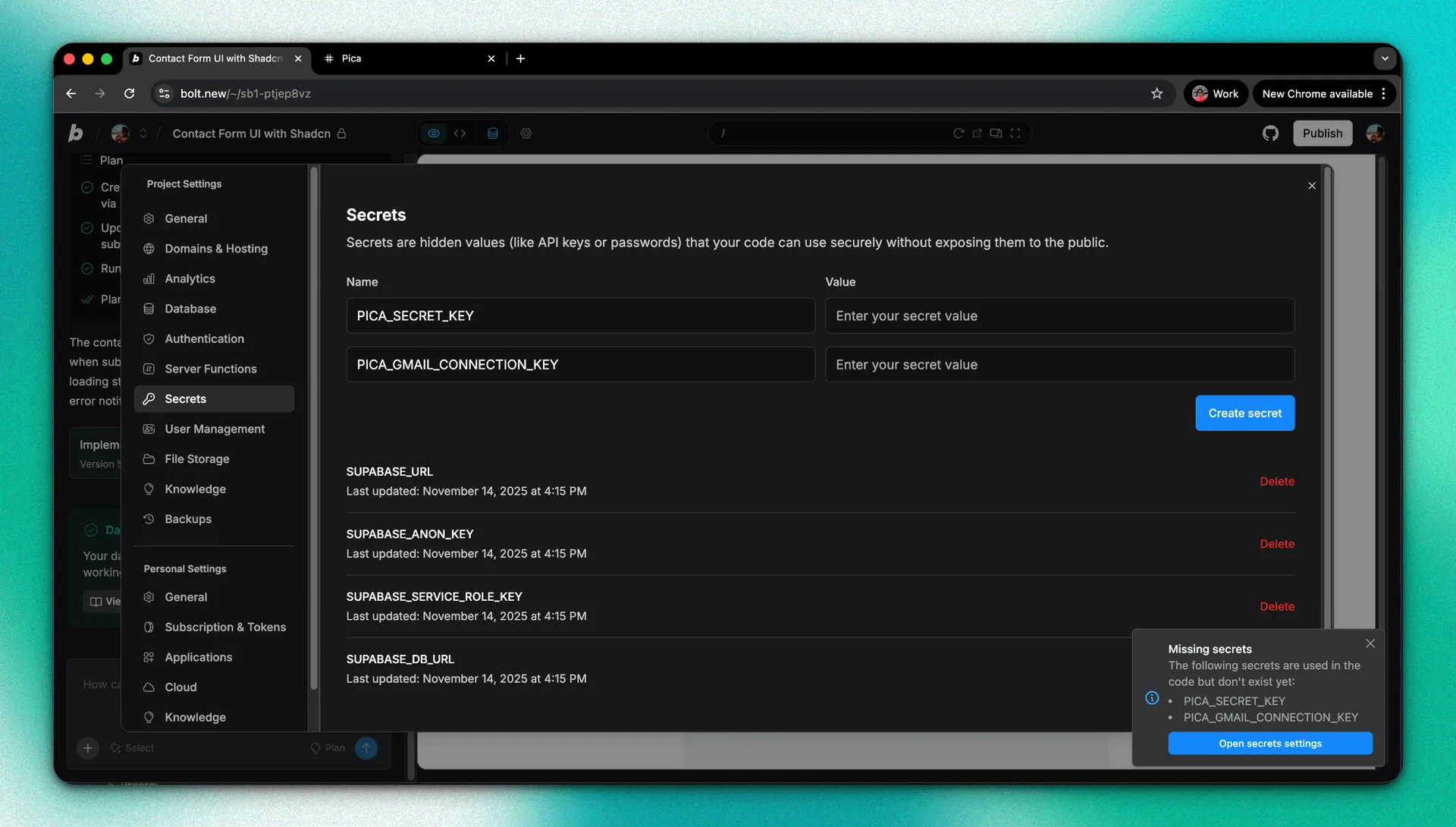 Bolt project settings interface showing the Secrets configuration panel for managing API keys and environment variables.