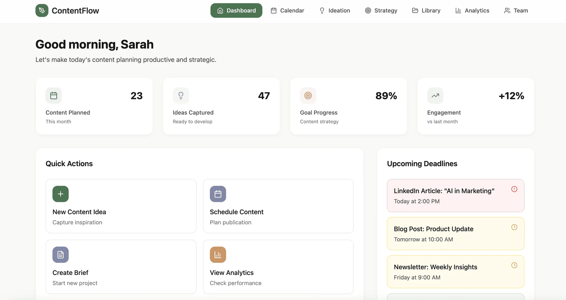 ContentFlow dashboard interface showing content metrics, quick actions, and upcoming deadlines.