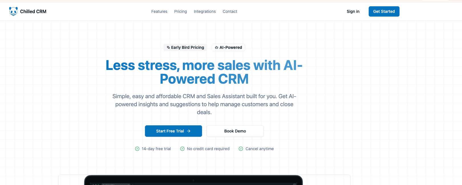 Hero section of Chilled CRM website featuring headline, subheadline, and call to action buttons.