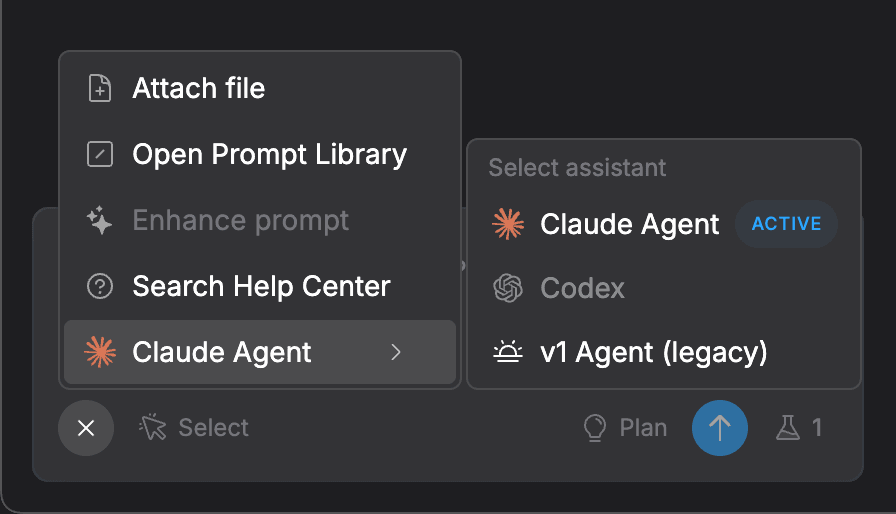 Bolt UI showing the assistant selection menu with Claude Agent active.