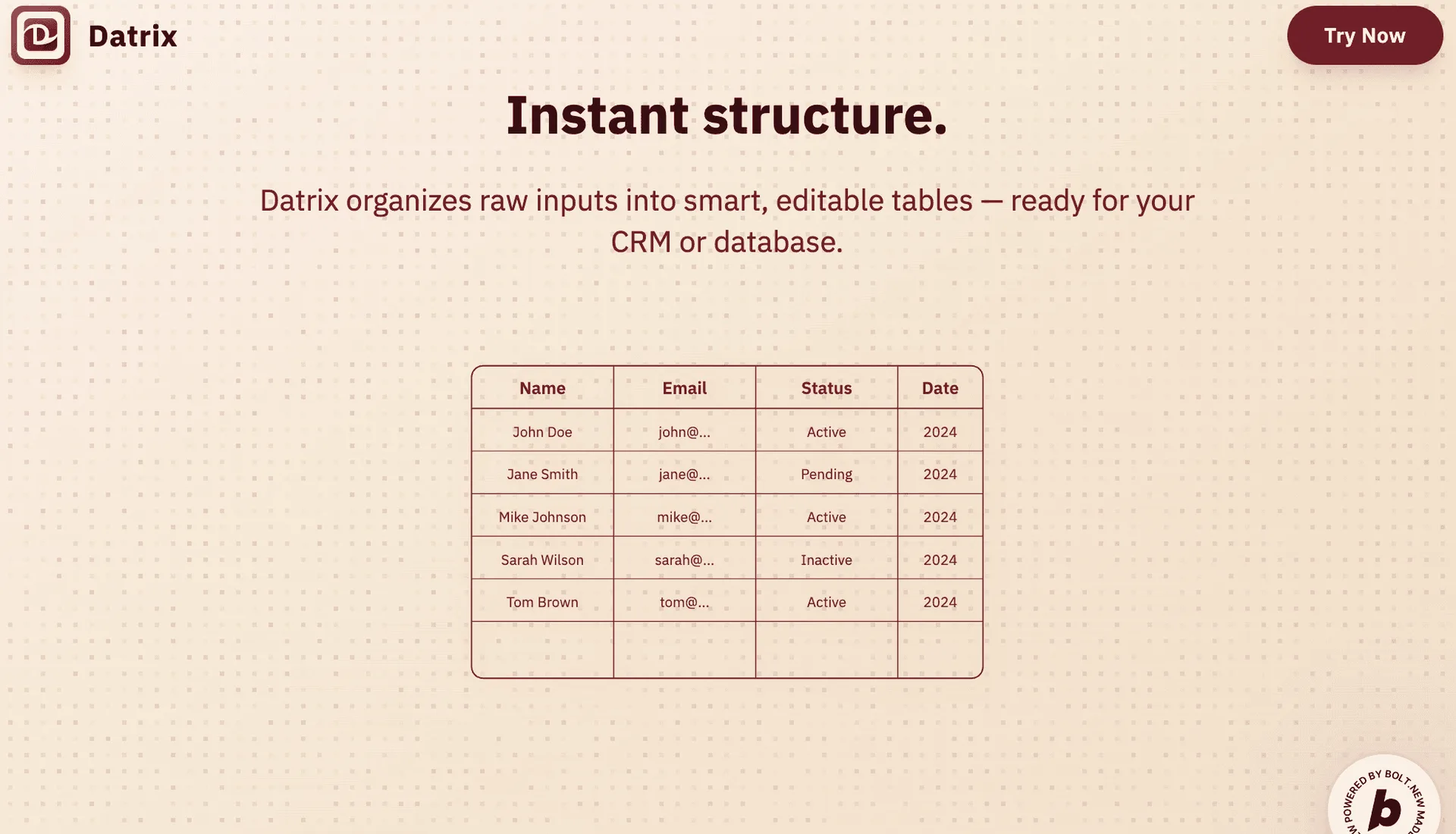 Datrix landing page showing an editable data table with name, email, status, and date columns.