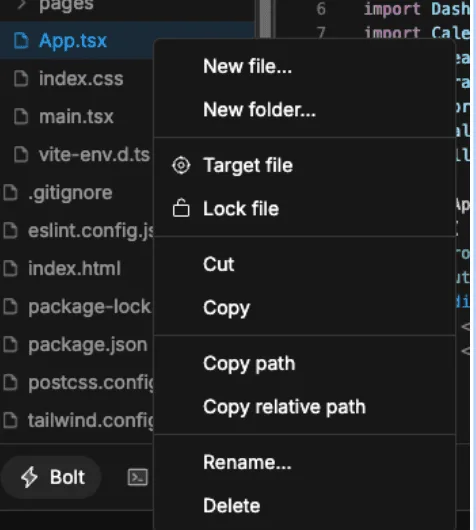 Context menu for a file in the Bolt file explorer showing options like target file, lock file, and rename.