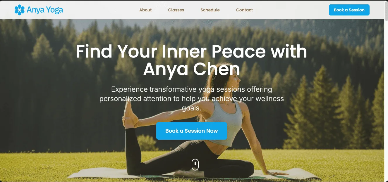 Hero section of a yoga website featuring a woman practicing yoga outdoors with a call to action button.