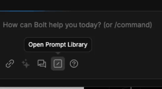Bolt chat interface showing the Open Prompt Library tooltip above the prompt input toolbar.