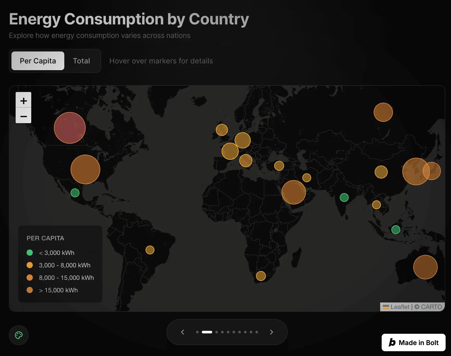 Interactive world map visualization showing energy consumption per capita with color coded markers and a legend.