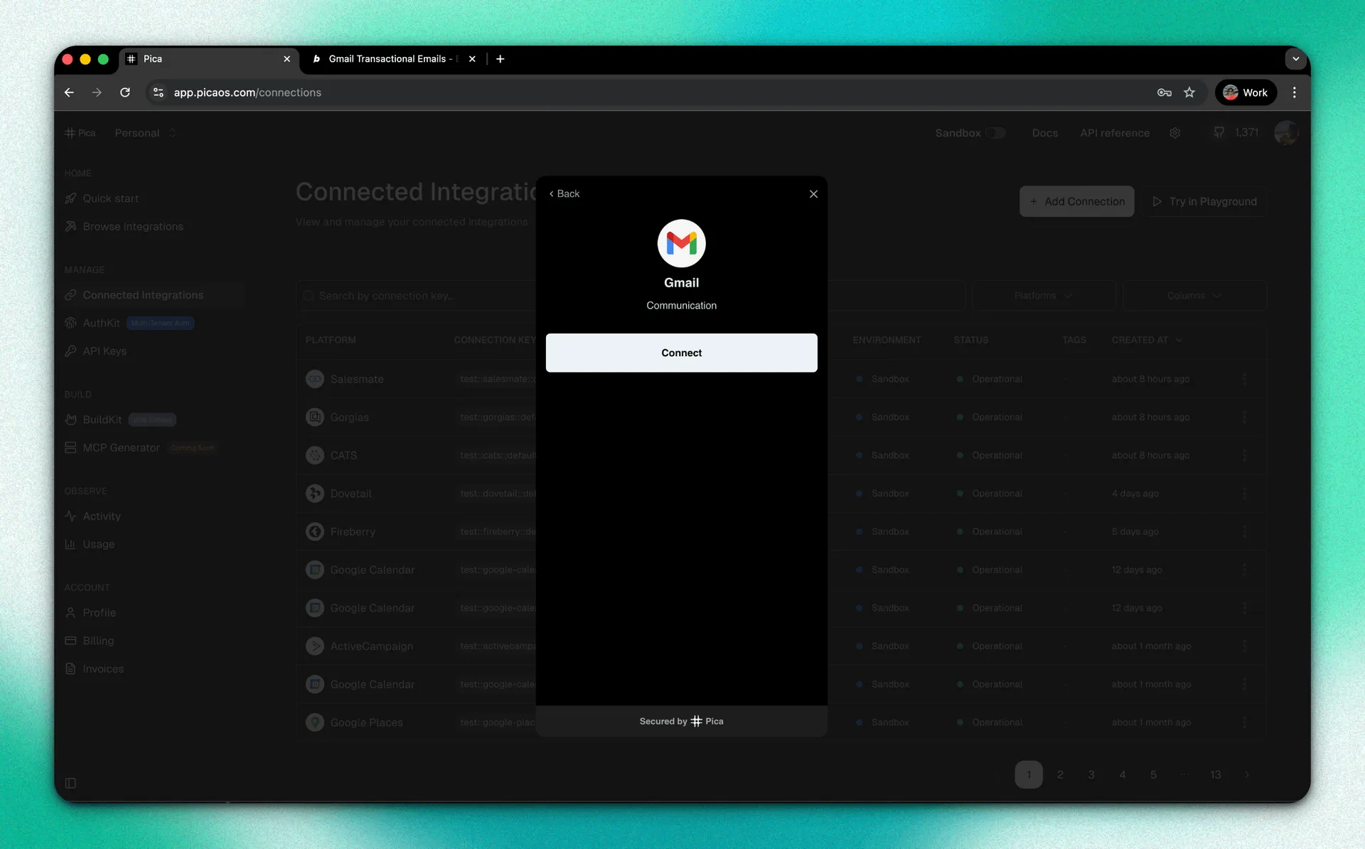 Pica web app interface showing a modal to connect a Gmail integration.