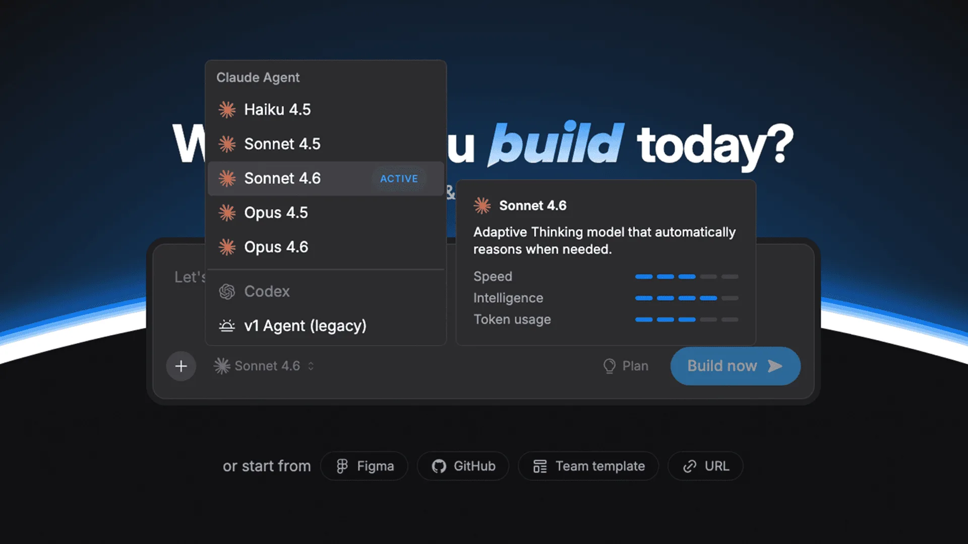 Model selection dropdown menu in Bolt showing Sonnet 4.6 details, performance metrics, and available AI models.