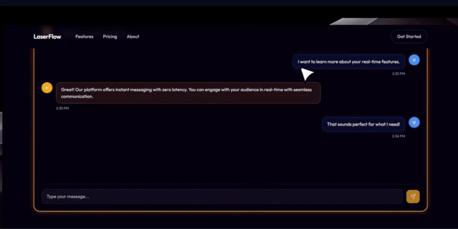 Chat interface on a website showing a conversation between a user and a support bot.