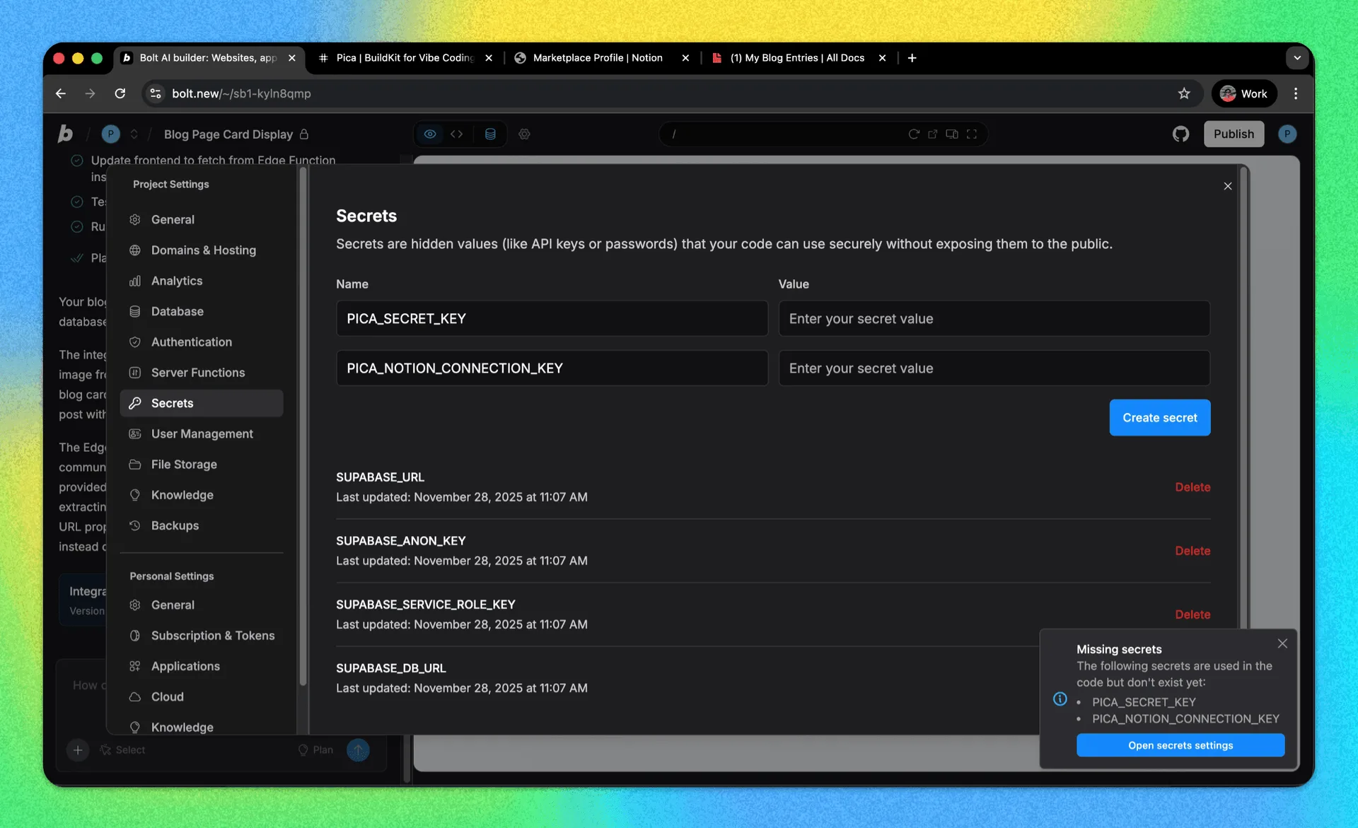 Bolt AI project settings showing the secrets management interface for adding API keys and environment variables.