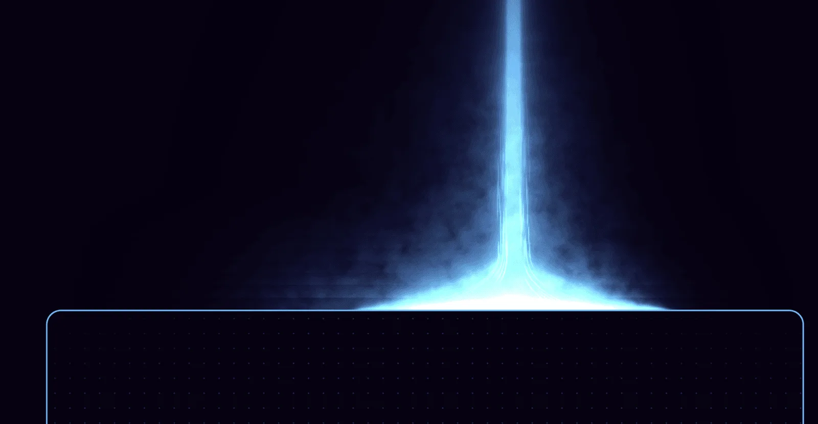Abstract glowing blue light beam rising from a dark UI container with a grid pattern.