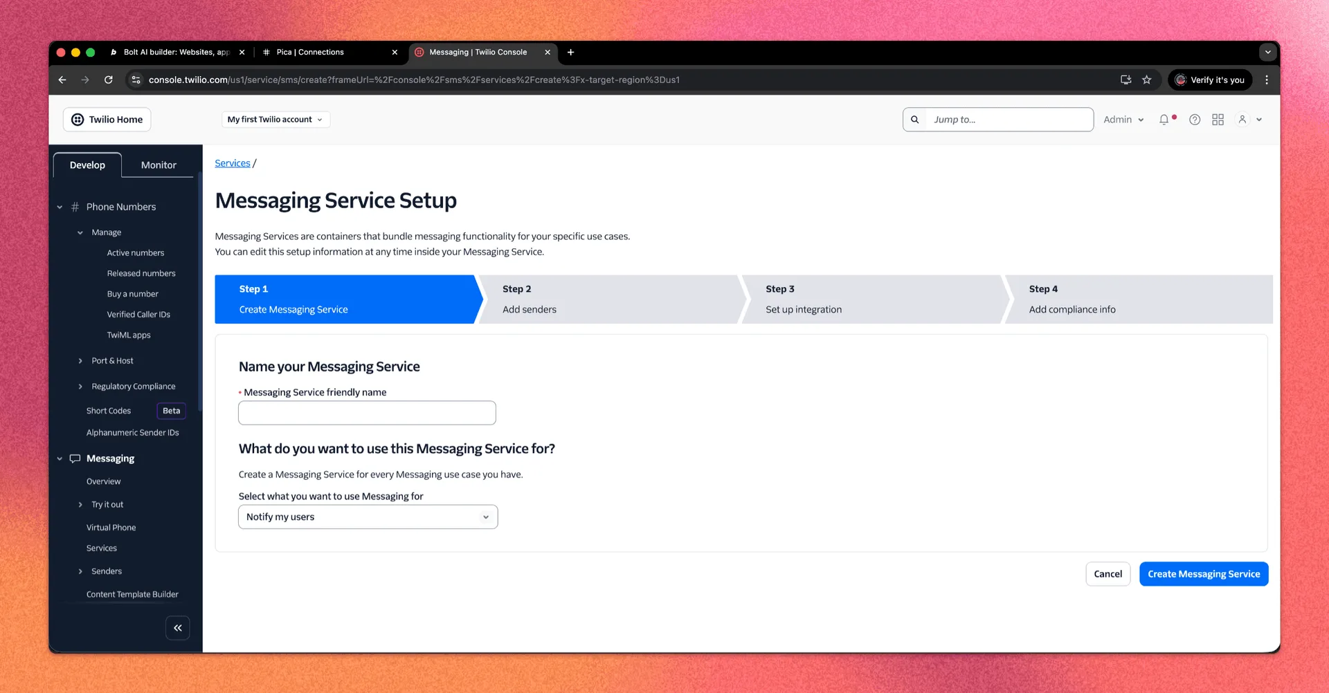 Twilio console interface showing the Messaging Service setup wizard with fields for service name and use case.