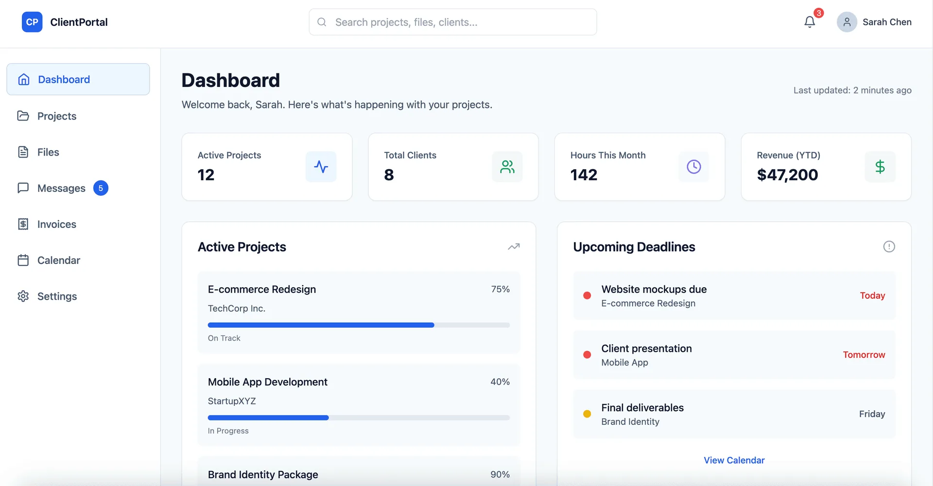 ClientPortal dashboard interface showing project metrics, active project progress bars, and upcoming deadlines.