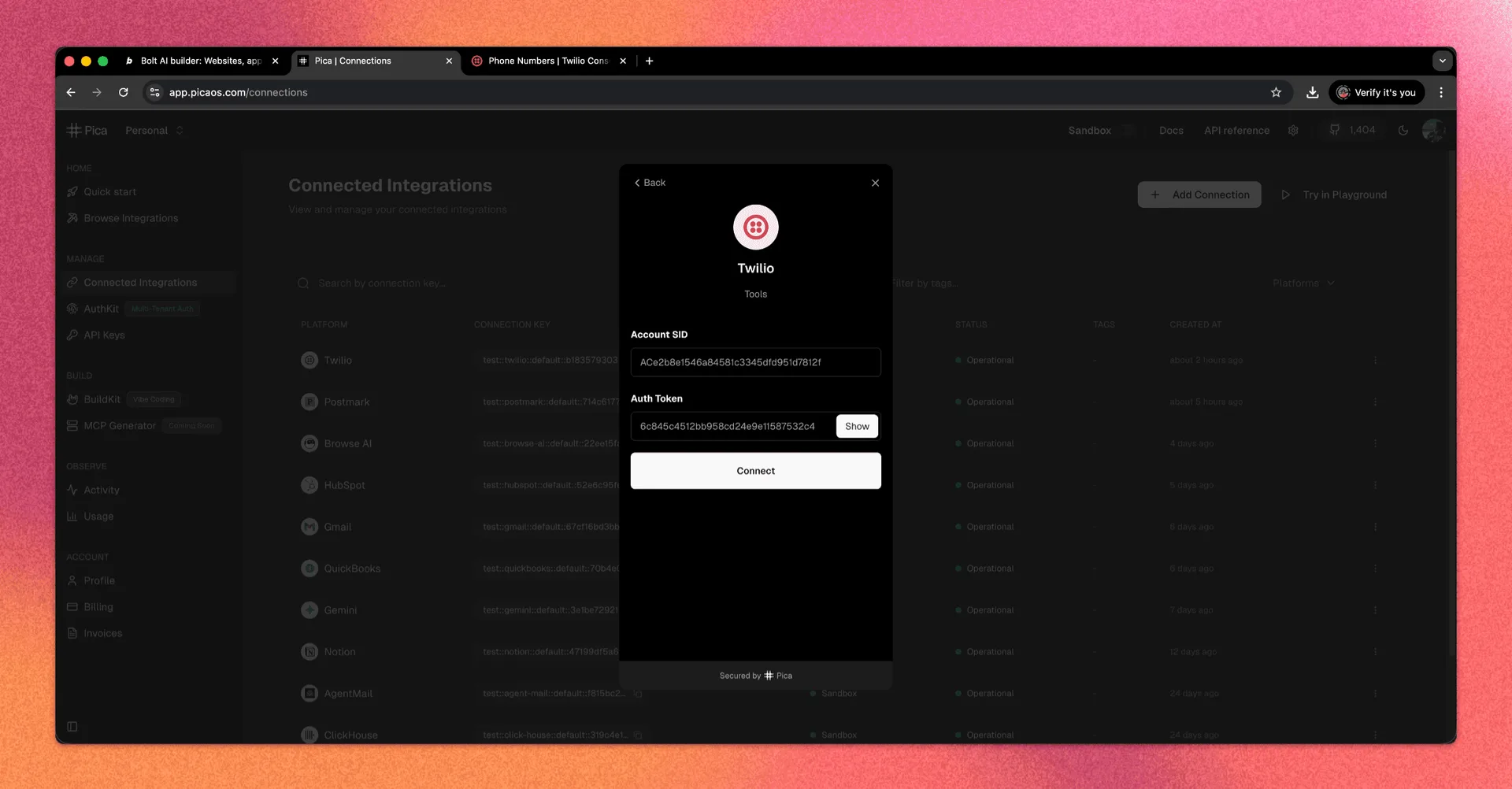 Twilio integration modal in Pica web app showing fields for Account SID and Auth Token.
