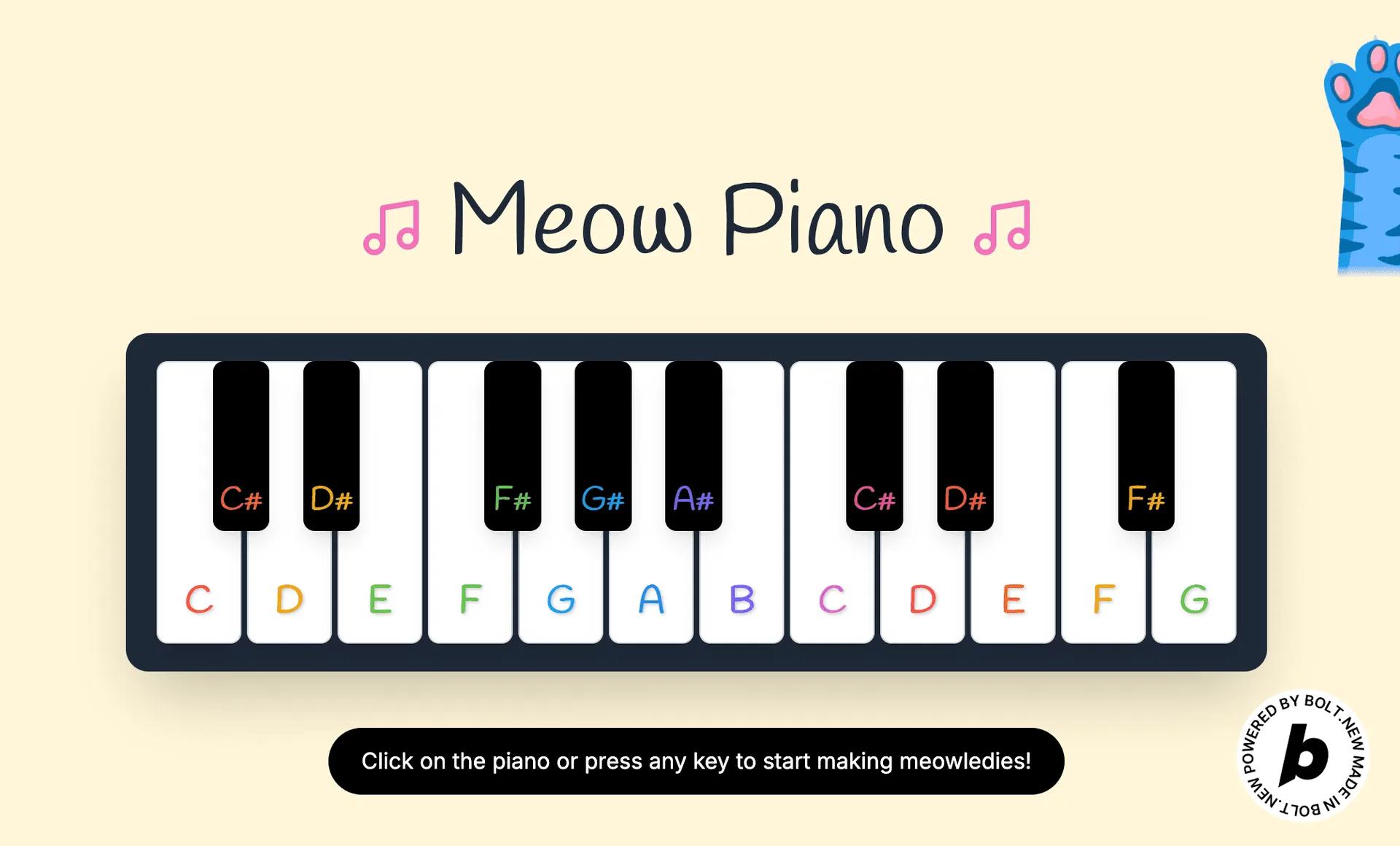 Interactive Meow Piano web app interface with labeled keys and a prompt to play music.