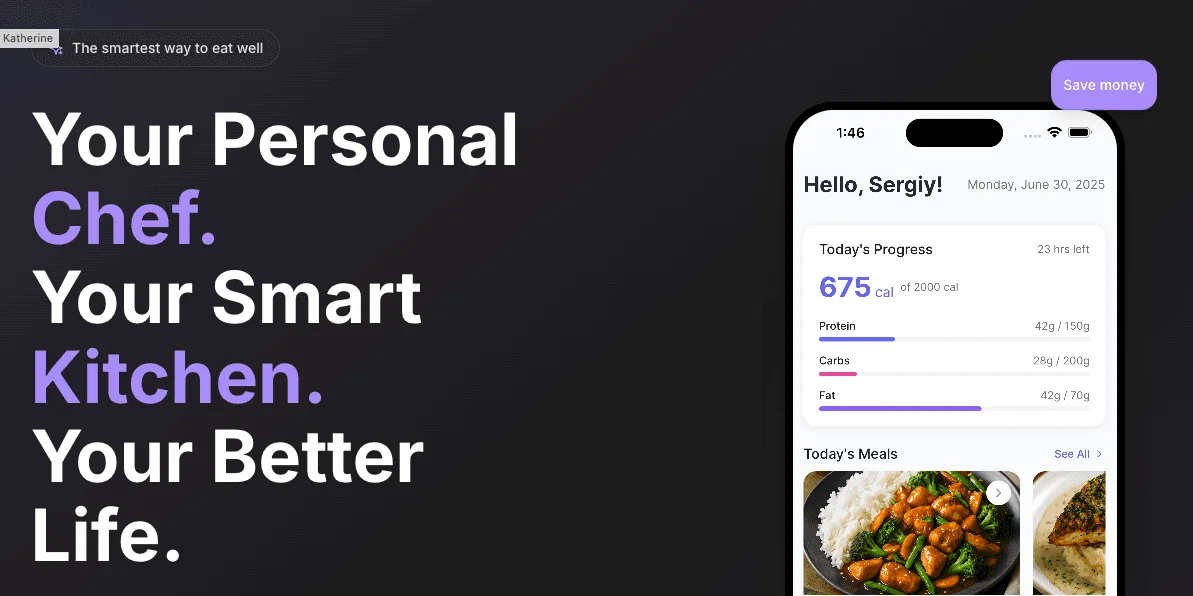 Marketing landing page showing a nutrition tracking mobile app interface next to bold text about personal chefs.
