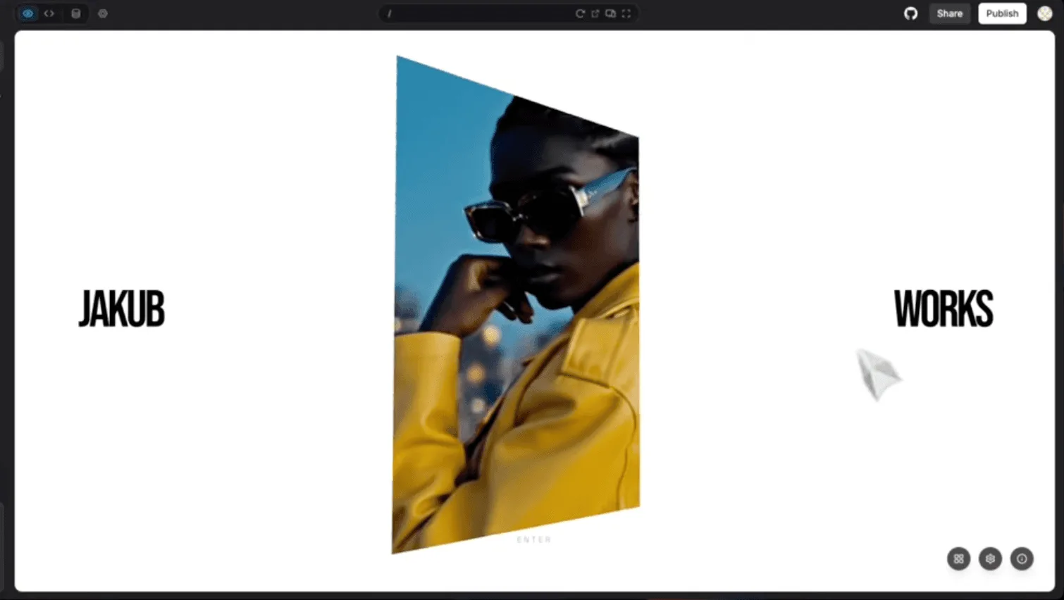Bolt web app interface displaying a portfolio landing page with a central 3D image effect and text navigation.