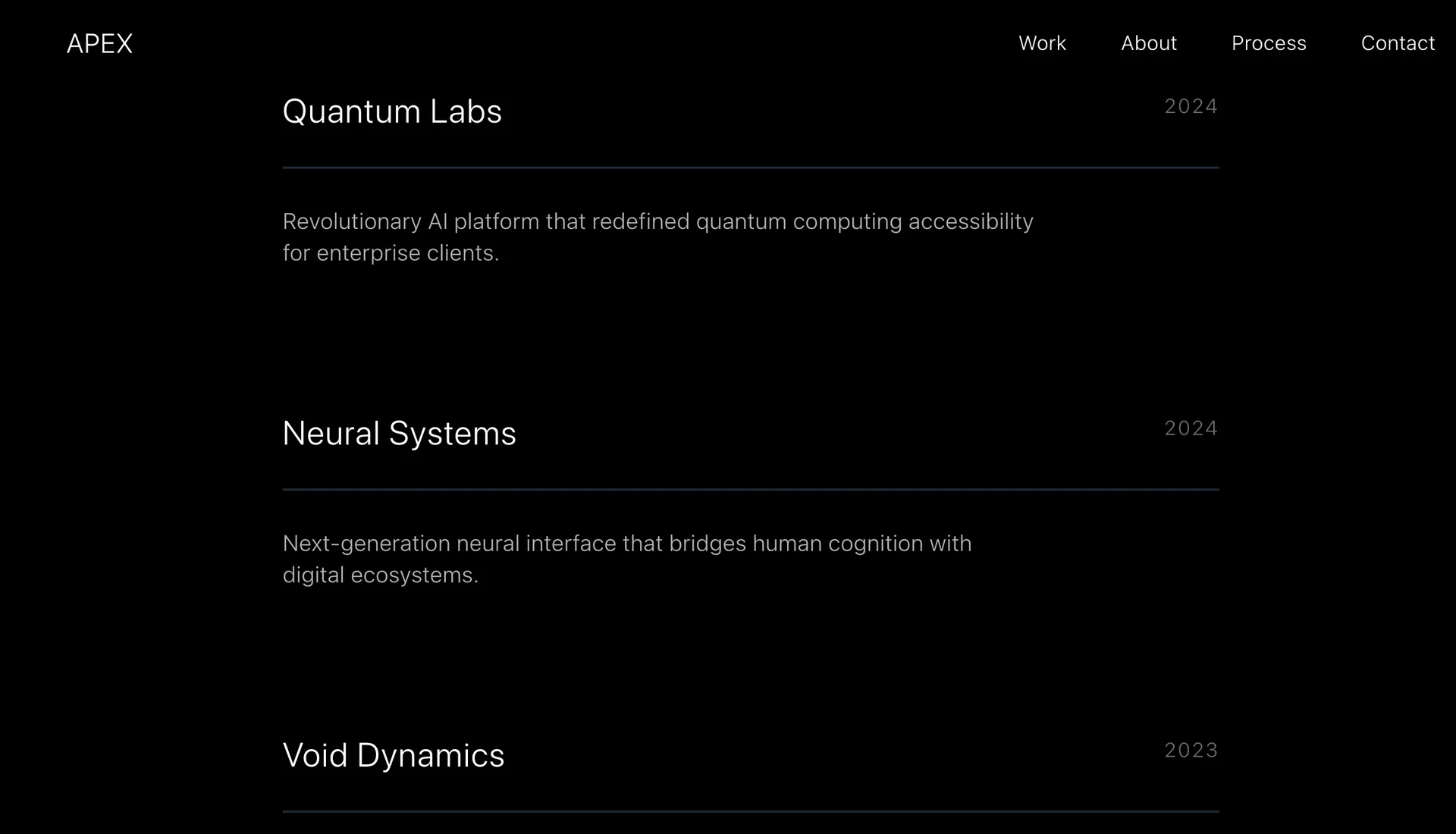 Minimalist portfolio website interface showing a list of projects with titles, years, and descriptions.