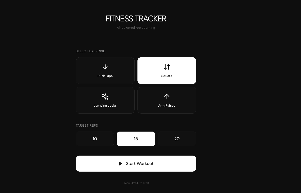 Fitness tracker app interface with exercise selection and target rep settings.