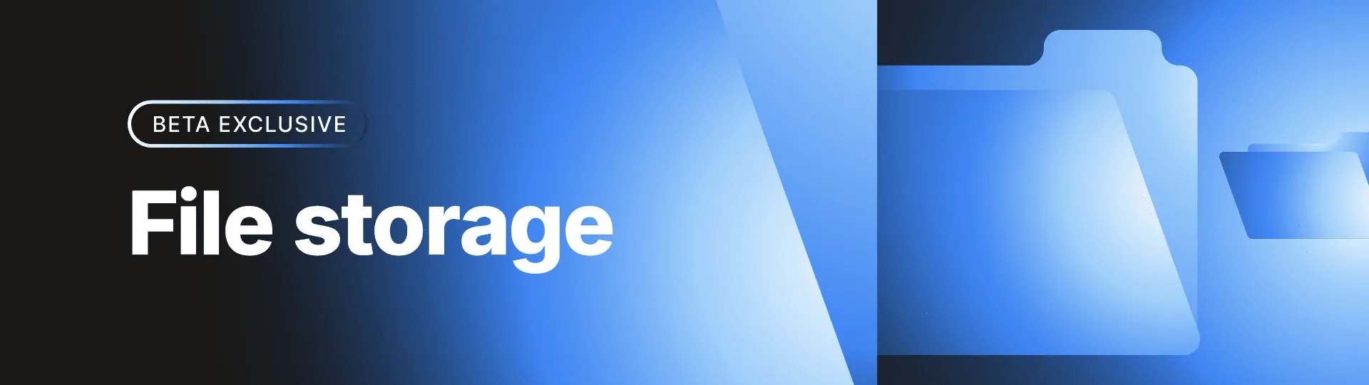 Beta exclusive file storage feature announcement with blue folder icons on a gradient background.