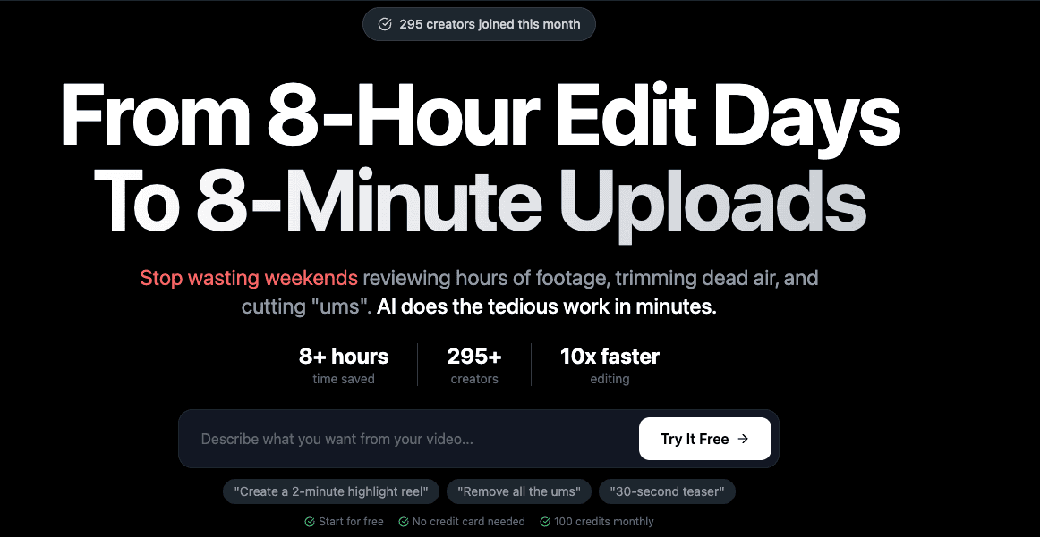 Marketing hero section highlighting AI video editing speed with a prompt input field and feature stats.