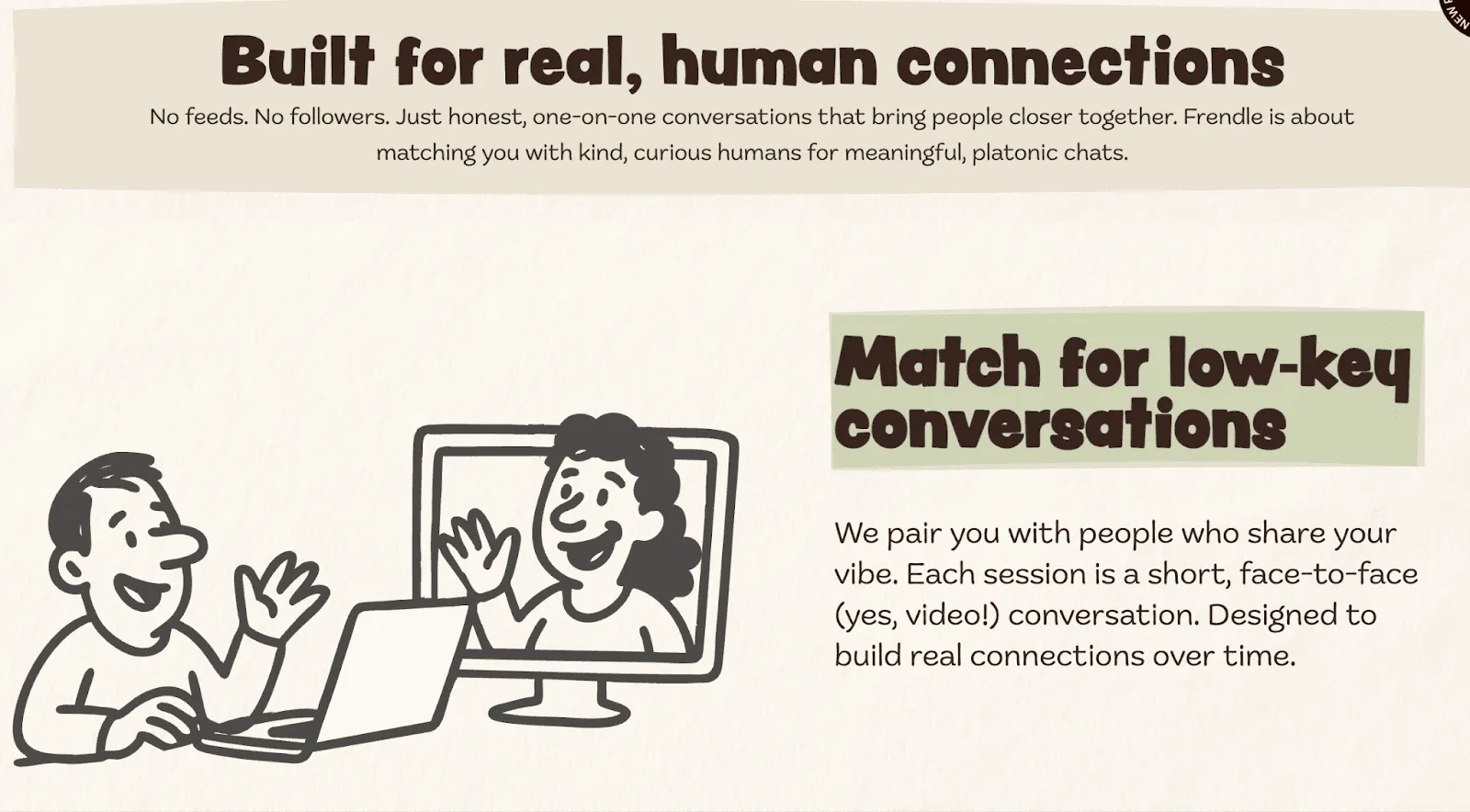 Marketing graphic for Frendle showing a person on a video call with text about matching for conversations.