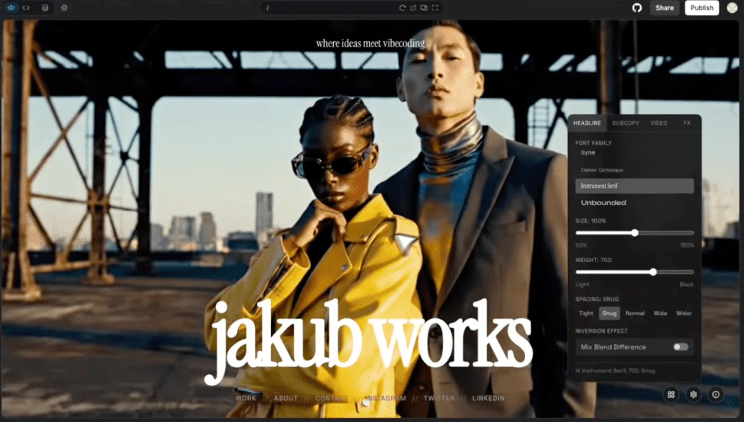 Bolt interface showing a website editor with a typography settings panel open over a fashion hero section.