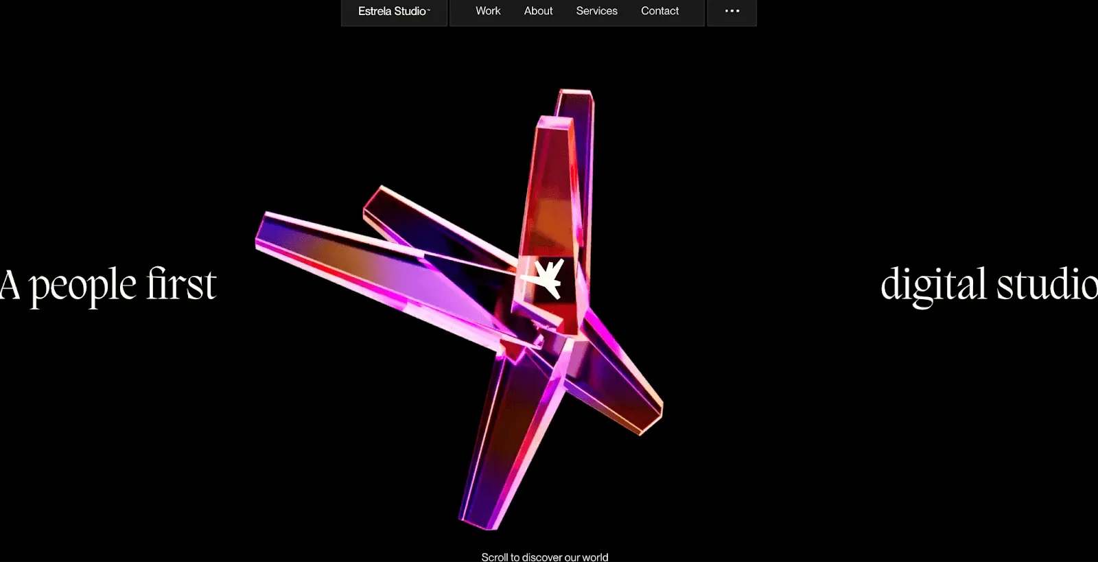 Website hero section featuring a 3D glass star graphic, navigation menu, and text for Estrela Studio.