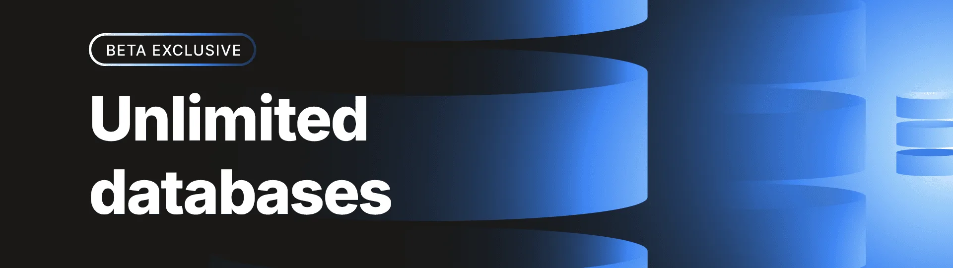 Beta exclusive feature announcement for unlimited databases with abstract blue circular shapes on a dark background.