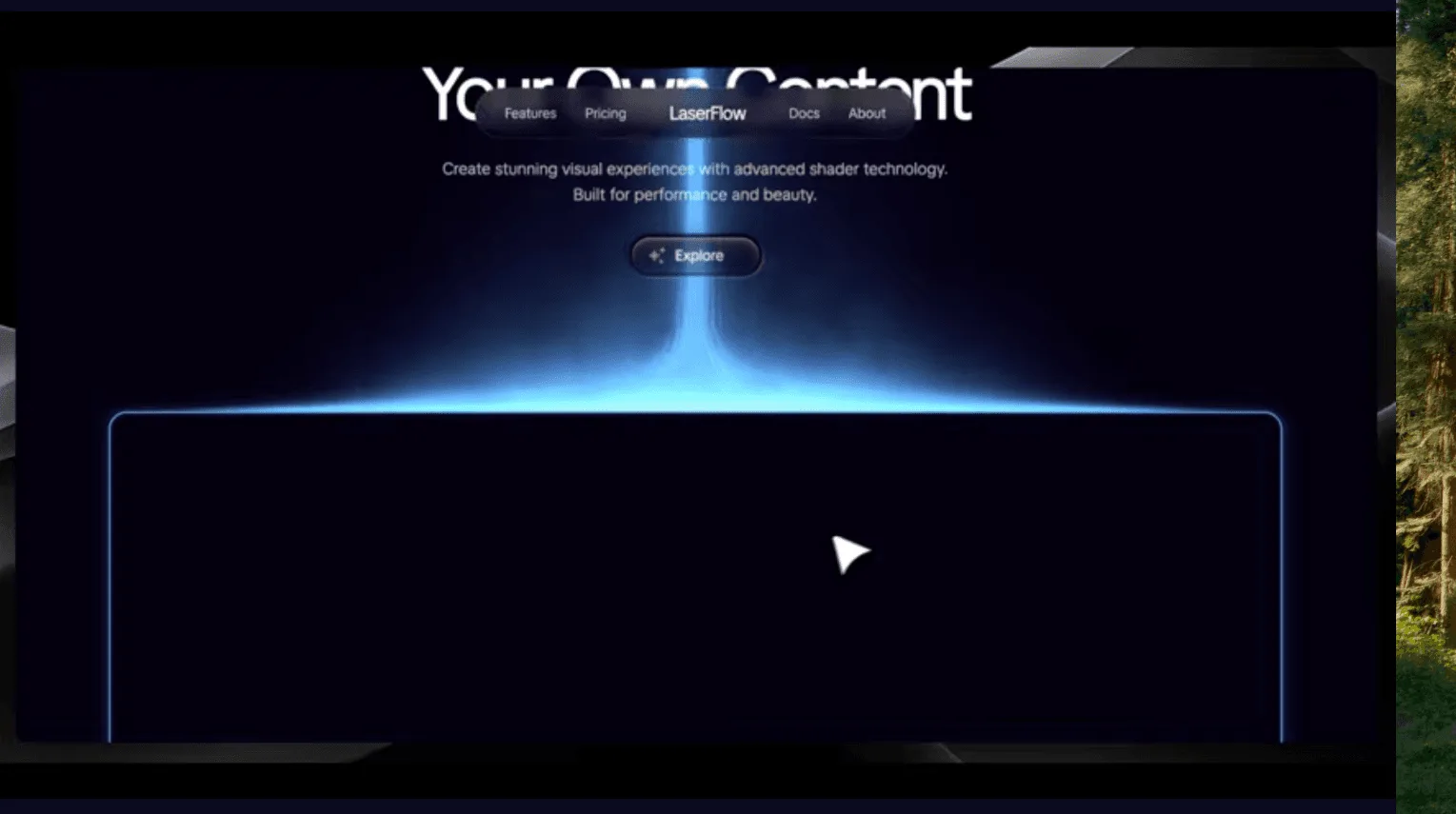 Dark mode website hero section with navigation menu, headline, and glowing Explore button.