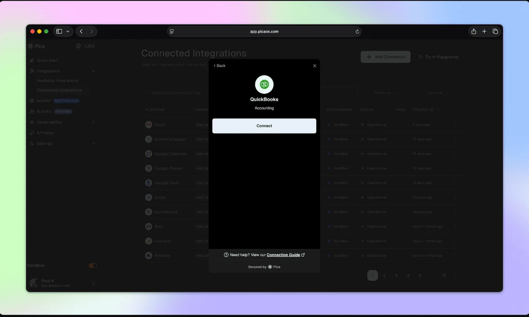 Pica dashboard showing a modal to connect the QuickBooks integration.