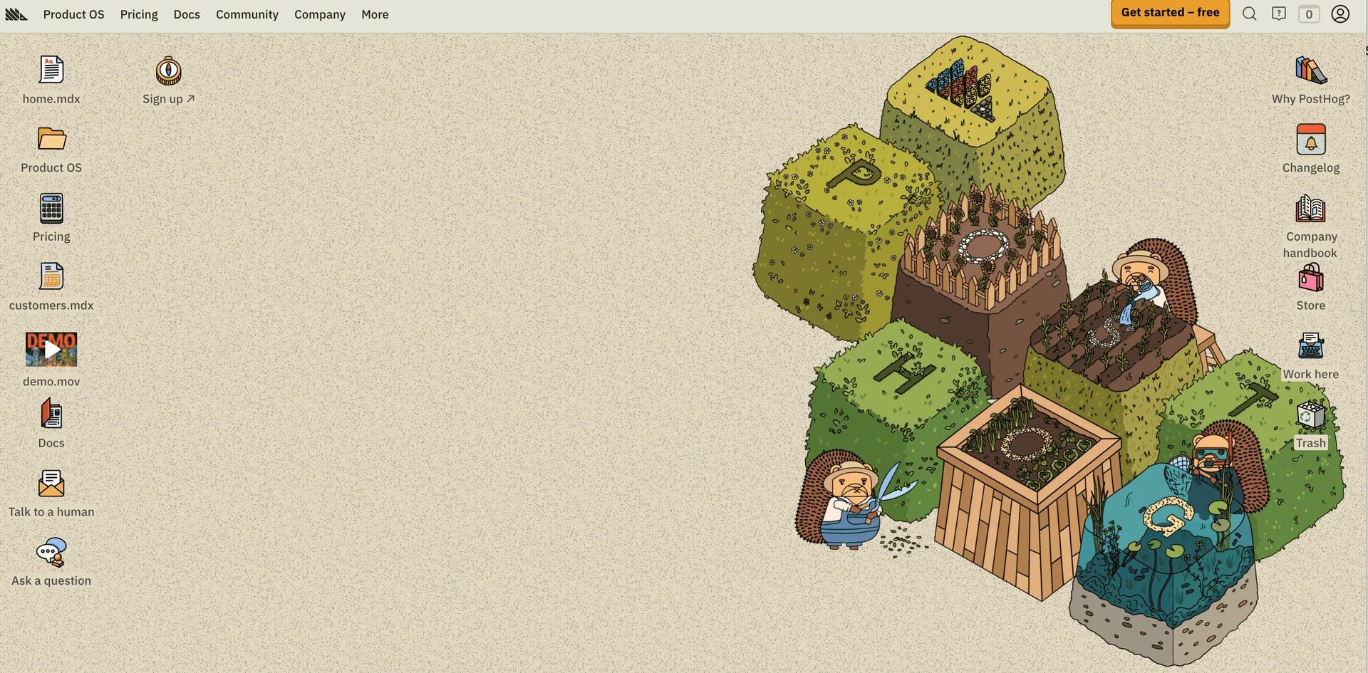 Desktop interface with file icons on the left and right, featuring a central illustration of hedgehogs in a garden.