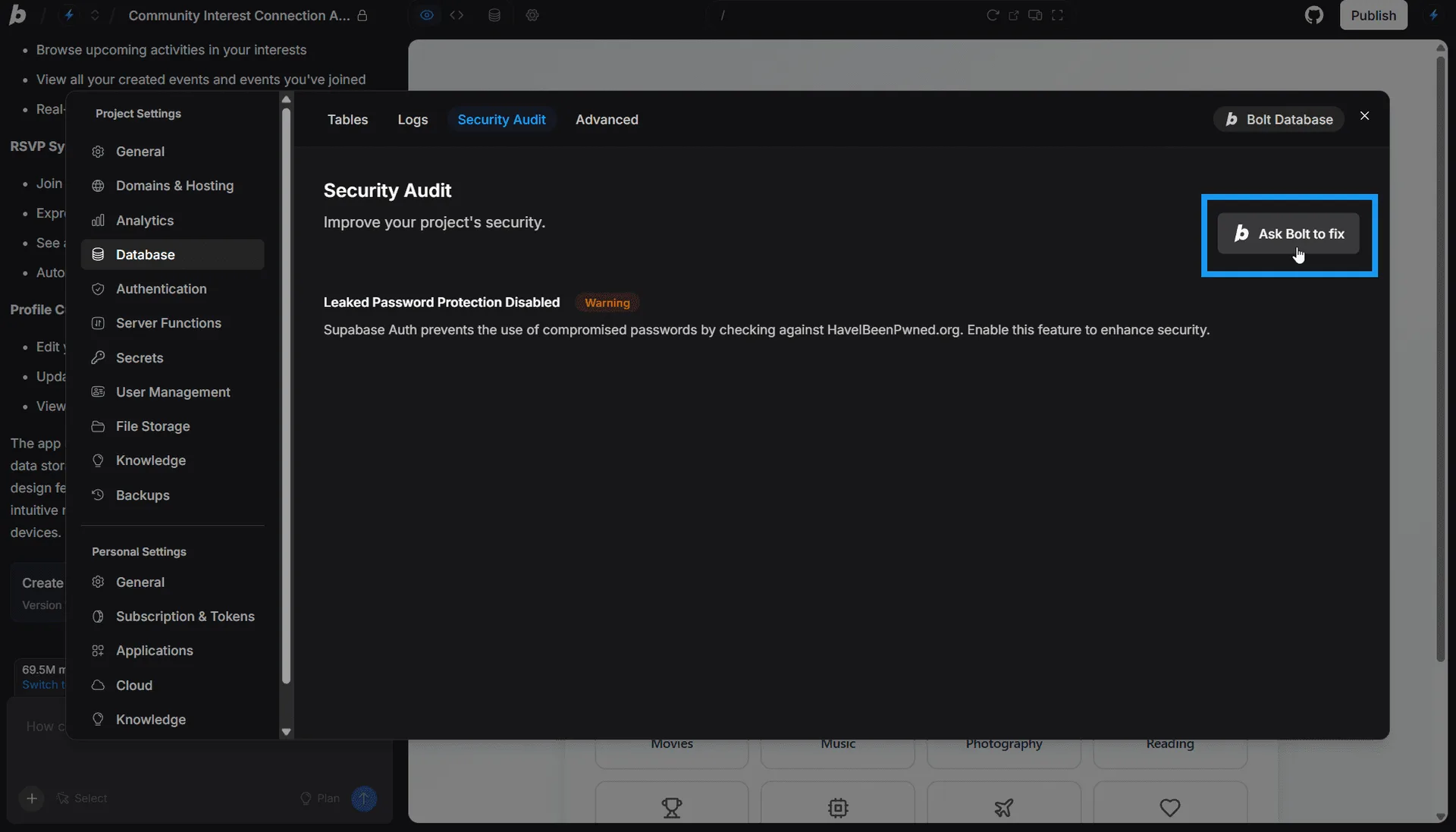 Bolt database security audit modal showing a warning and an Ask Bolt to fix button.
