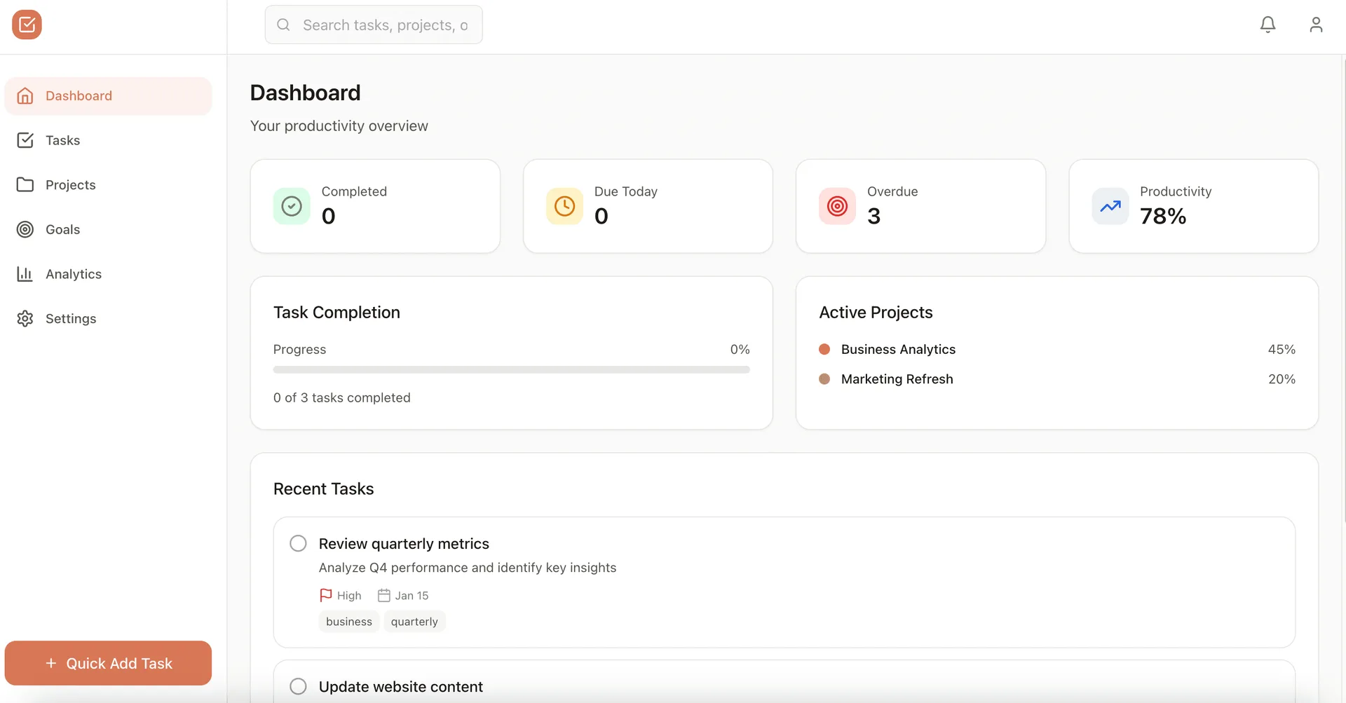Productivity dashboard UI showing task completion, active projects, and recent tasks list.