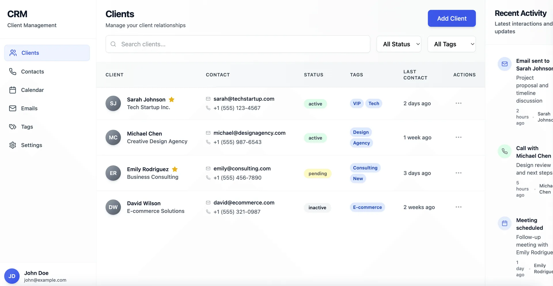 CRM dashboard showing a client list table with contact details, status tags, and a recent activity sidebar.