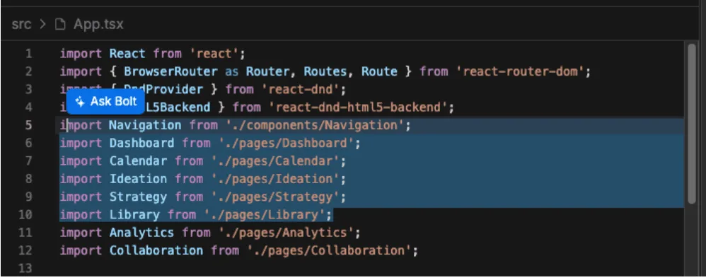 Code editor showing App.tsx with a highlighted block of import statements and the Ask Bolt AI assistant button.