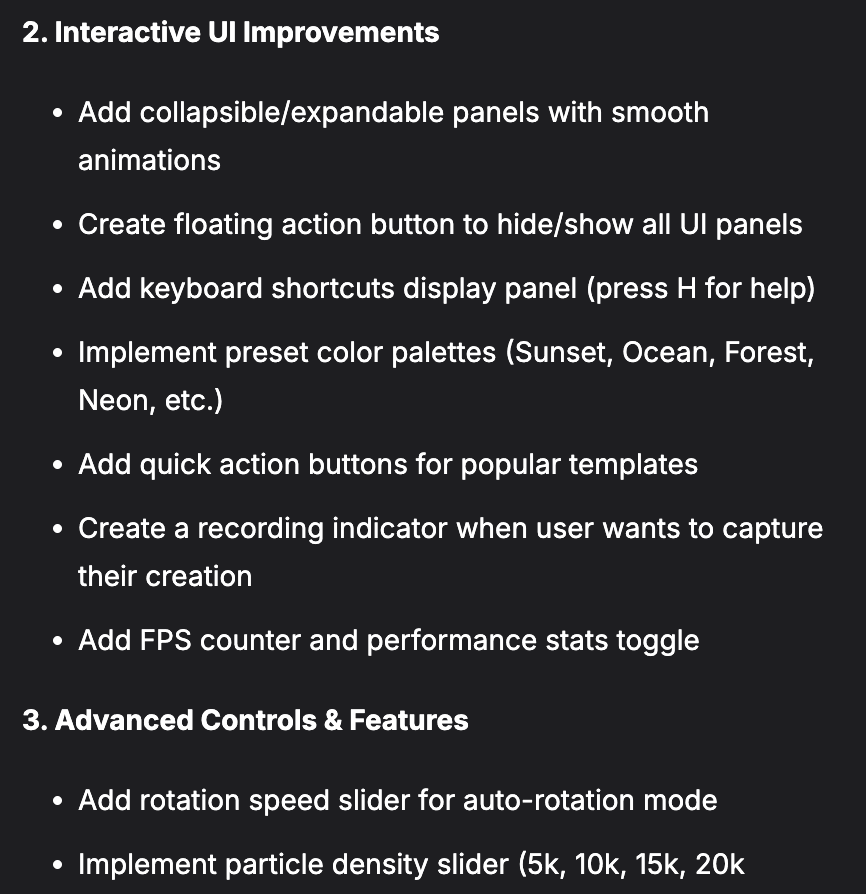 List of planned interactive UI improvements and advanced controls for the web application.